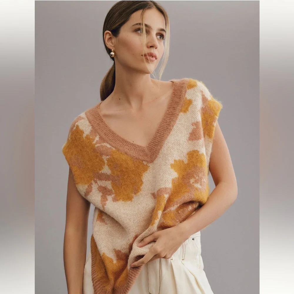 Maeve Plunging Loopy Floral Sweater Vest - Picture 1 of 8